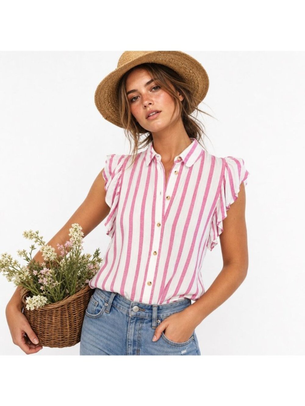 Anthropologie Maeve Fairhope Striped Button Down Flutter Sleeve Top Red White S